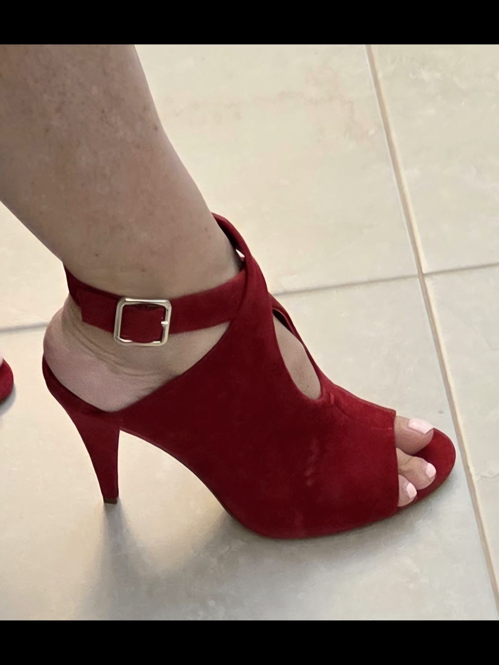 Vince Camuto Red Suede Peep-Toe Ankle Strap Heels